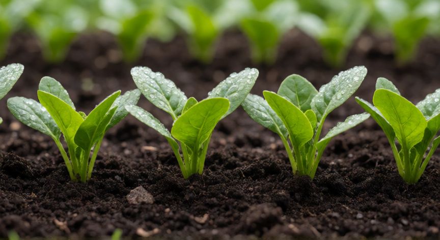 como sembrar espinacas en el huerto, Jóvenes brotes de espinaca germinando en el huerto