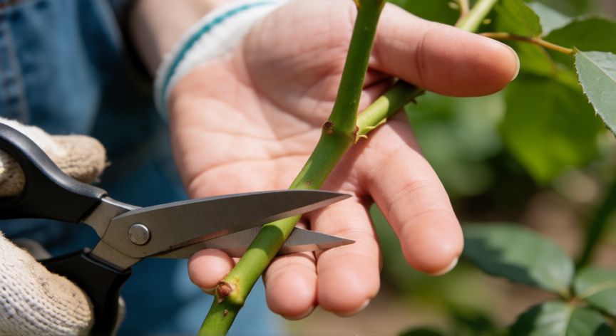 como sembrar esquejes de rosal, Preparacion de un esqueje de rosal con tijeras y hormona