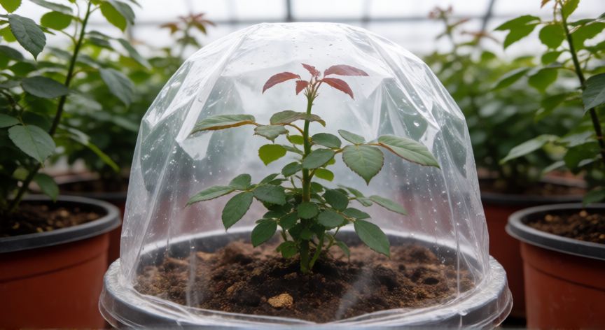 como sembrar esquejes de rosal, Esqueje de rosal enraizando en maceta con campana de plastico