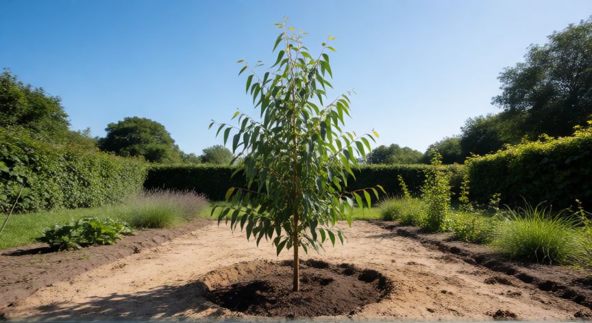 como sembrar eucalipto, Arbol joven de eucalipto recien trasplantado en un jardin soleado con suelo arenoso