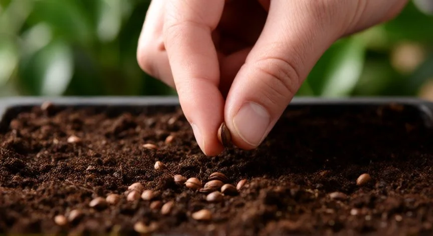 Manos sembrando semillas de Ficus Benjamina en sustrato