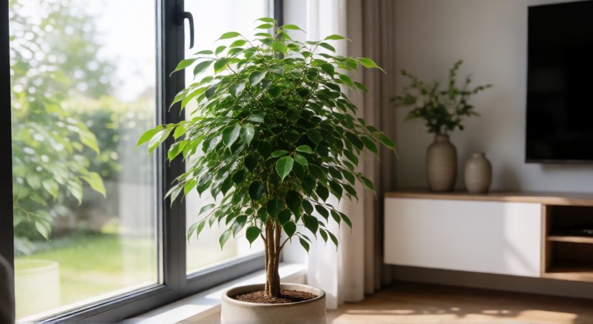 como sembrar ficus benjamina, Joven planta de Ficus Benjamina en maceta cerca de una ventana