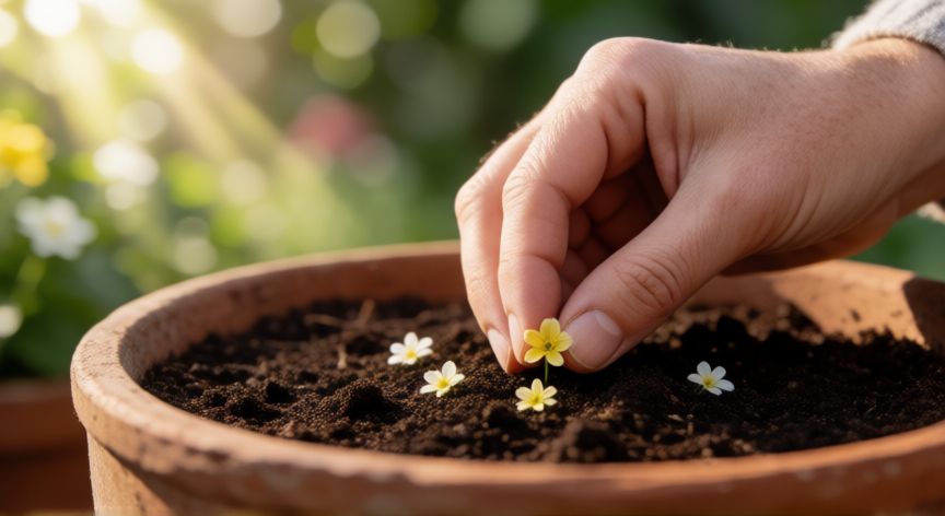 como sembrar flores, Manos sembrando semillas de flores en una maceta de barro con tierra fértil