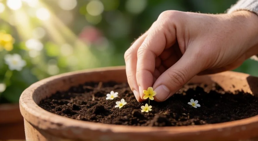 Manos sembrando semillas de flores en una maceta de barro con tierra fértil