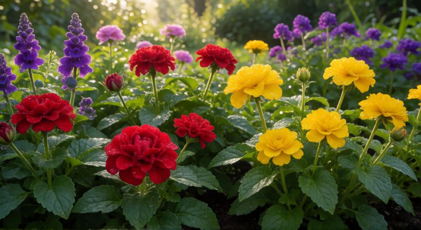 como sembrar flores, Jardín floreciente con variedad de flores de colores y hojas verdes sanas