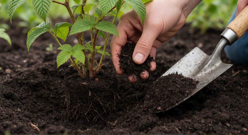 como sembrar frambuesas, Manos plantando una frambuesa en suelo rico con compost