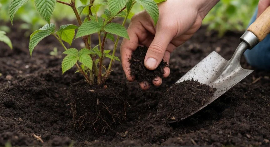 Manos plantando una frambuesa en suelo rico con compost