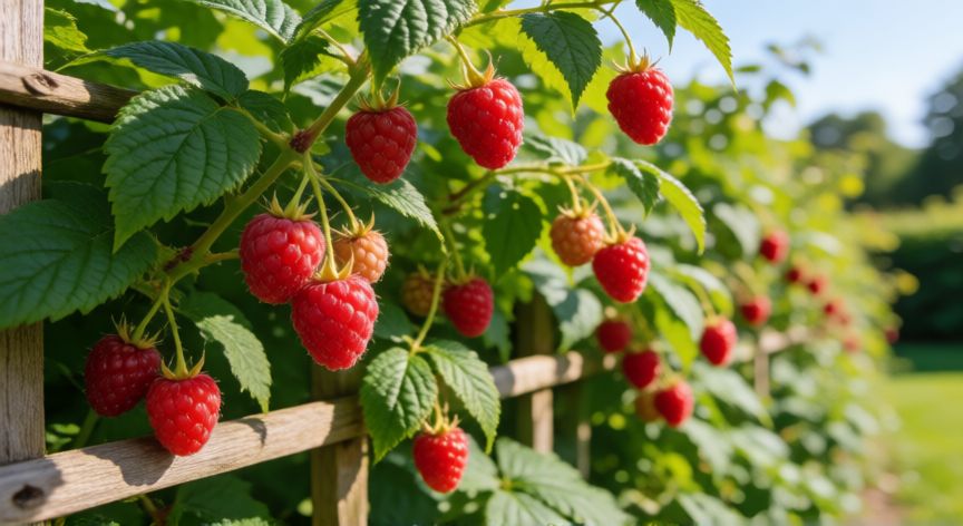 como sembrar frambuesas, Planta de frambuesa madura con frutos rojos en una pérgola