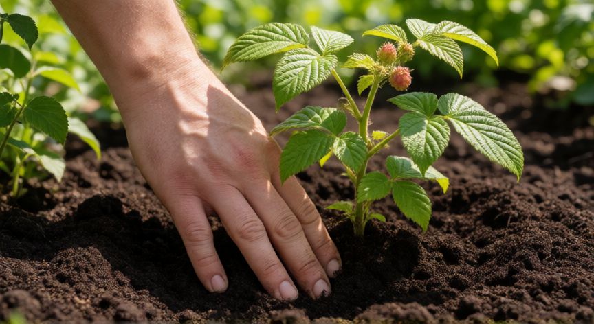 como sembrar frambuesas en casa, Manos plantando una frambuesa en tierra rica