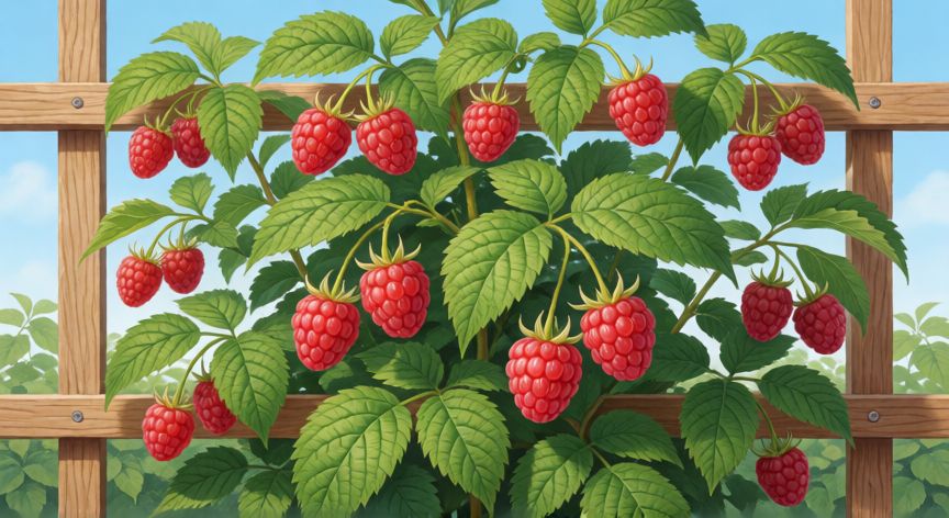como sembrar frambuesas en casa, Arbusto de frambuesa con tutor y frutos maduros