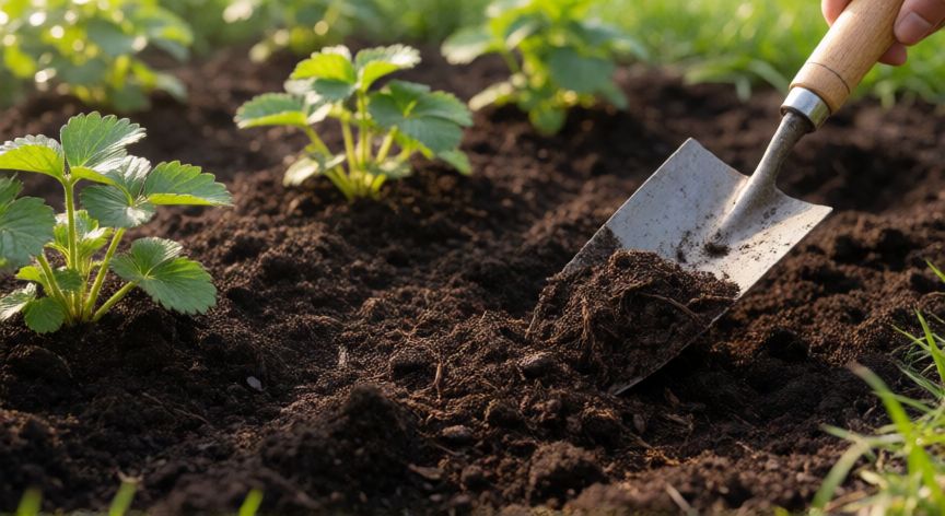 como sembrar fresas, Preparación del suelo con compost para plantar fresas en el jardín