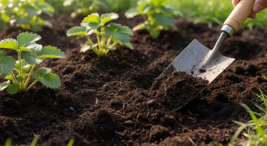 Preparación del suelo con compost para plantar fresas en el jardín