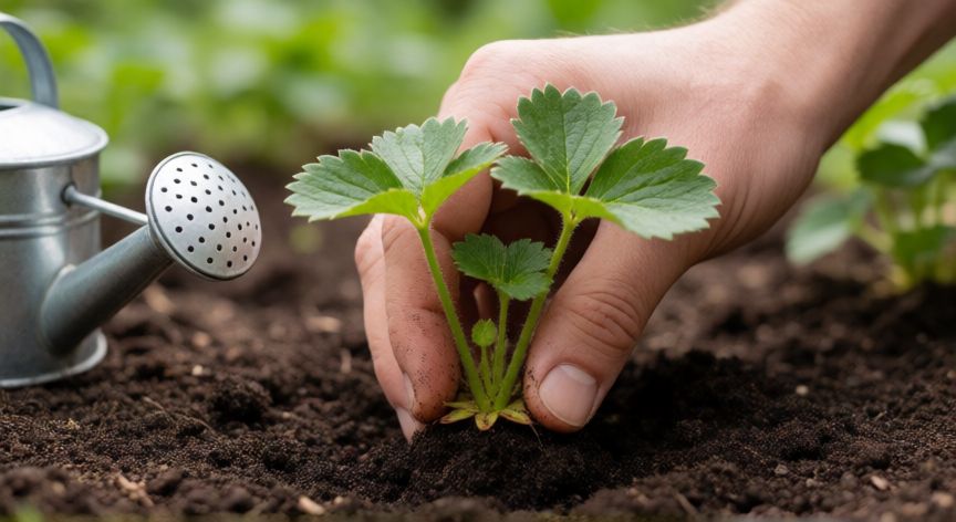 como sembrar fresas, Plantando una plántula de fresa con la corona a nivel del suelo