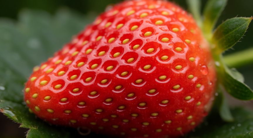 como sembrar fresas a partir de una fresa, Fresa madura con semillas visibles en la superficie