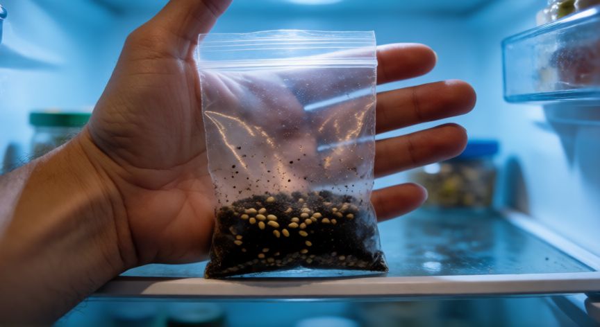 como sembrar fresas a partir de una fresa, Semillas de fresa en proceso de estratificación en frío dentro de una bolsa