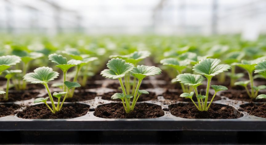 como sembrar fresas desde semillas, Plántulas de fresa germinando en bandeja de siembra con tierra oscura
