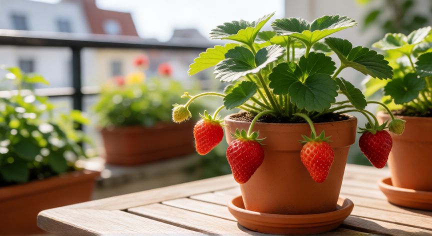 como sembrar fresas en casa, Planta de fresas saludable en maceta de terracota recibiendo luz solar directa