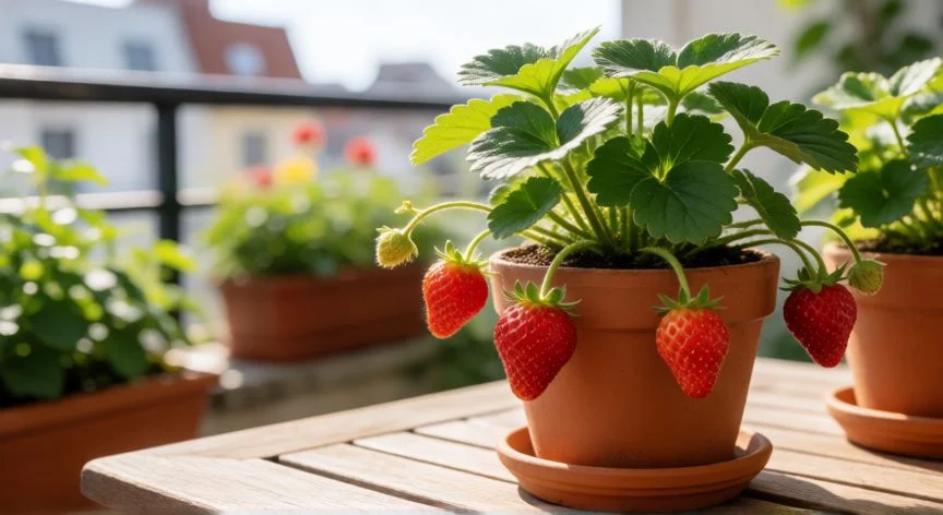 Planta de fresas saludable en maceta de terracota recibiendo luz solar directa