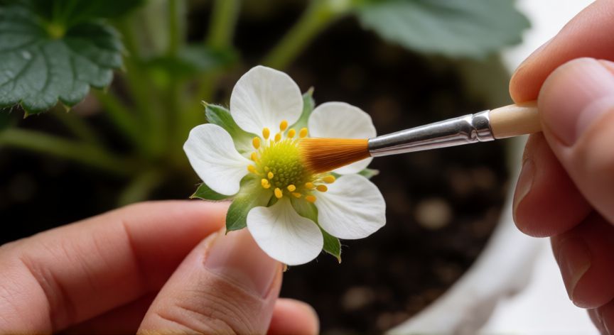 como sembrar fresas en casa, Polinización manual de flores de fresa con pincel suave en interior