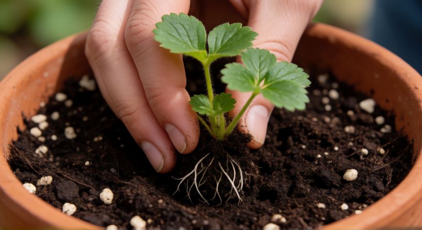 como sembrar fresas en maceta, Mano plantando una fresa joven en una maceta con sustrato rico