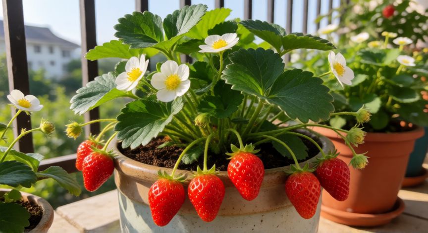 como sembrar fresas en maceta, Planta de fresa sana con frutos rojos y flores en maceta al sol