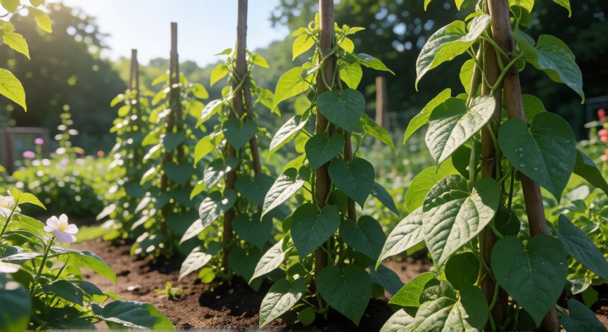 cómo sembrar frijoles, Plantes de frijol trepadoras creciendo en un jardín soleado