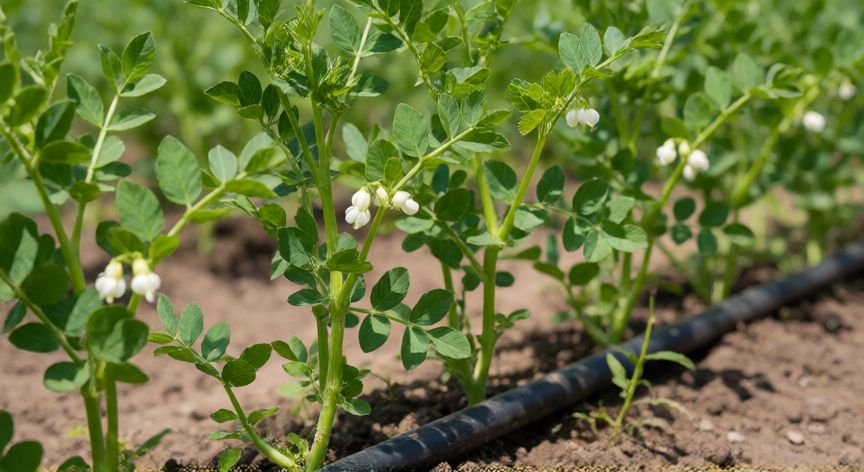 como sembrar garbanzos, Plántulas de garbanzo con riego por goteo en el huerto