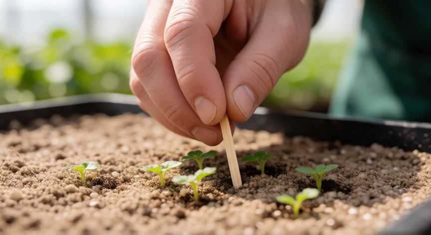 como sembrar geranios, Manos de jardinero sembrando semillas de geranio en bandeja