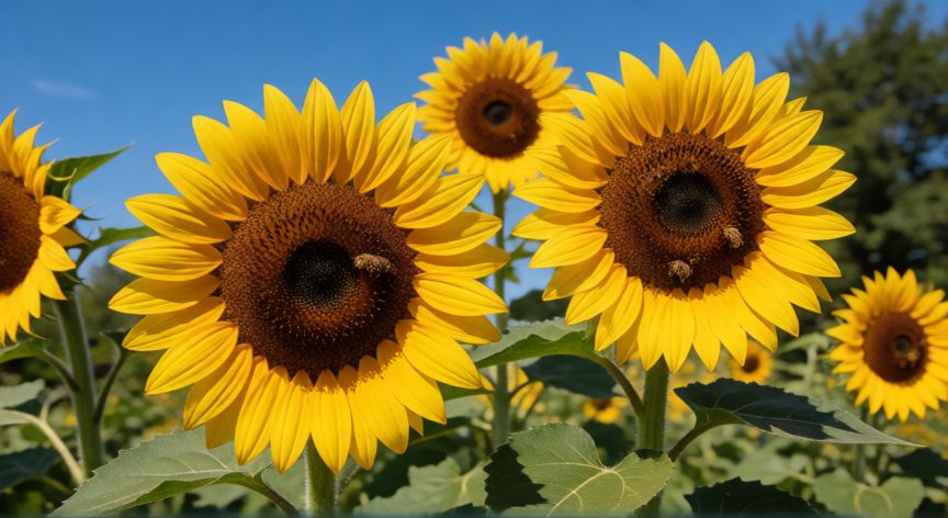 como sembrar girasoles, Girasoles en flor en un jardín soleado con abejas