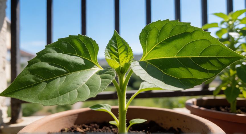 como sembrar girasoles en casa, Planta joven de girasol con hojas verdes creciendo en una maceta en un balcón soleado.