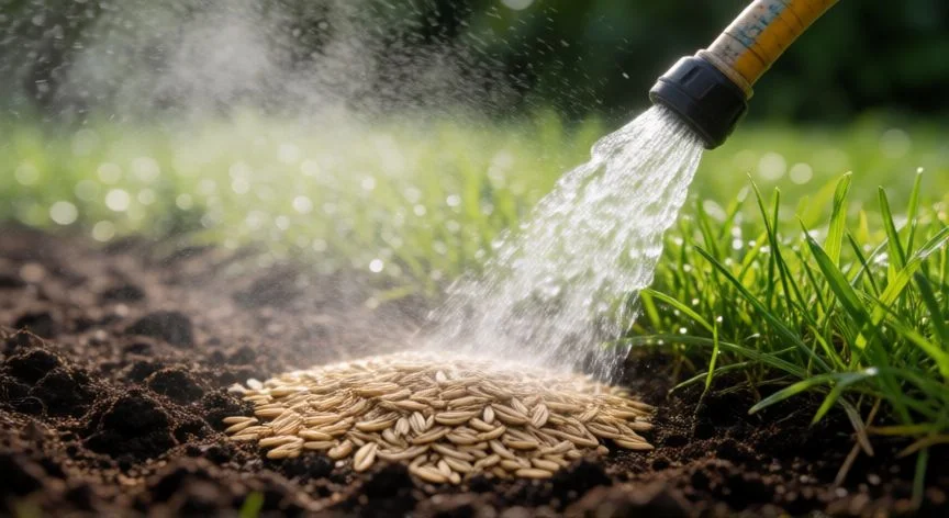 como sembrar grama gruesa, Riego inicial de semillas de grama gruesa recien sembradas