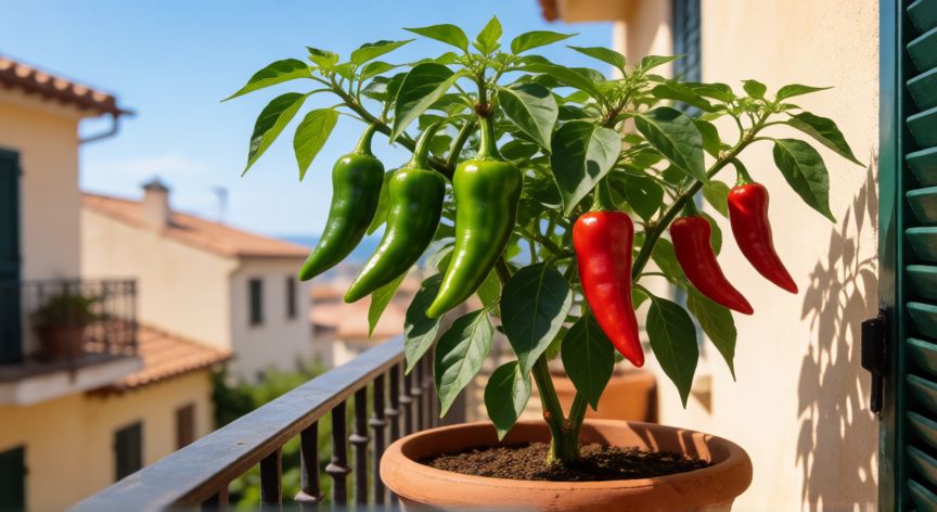 como sembrar guindillas en maceta, Maceta con planta de guindilla fructificando en un balcón soleado