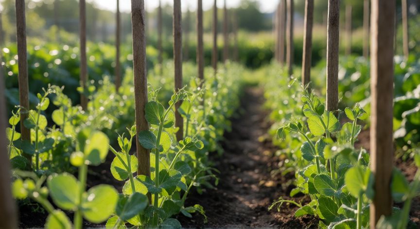como sembrar guisantes, Plántulas de guisantes creciendo hacia los tutores de madera