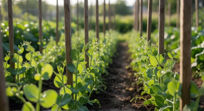 como sembrar guisantes, Plántulas de guisantes creciendo hacia los tutores de madera