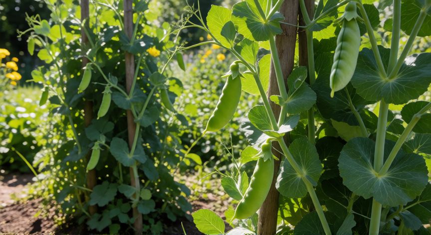 como sembrar guisantes en el huerto, Plantas de guisantes madurando en su tutorado
