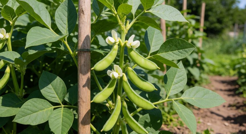 como sembrar habas, Planta de habas crecida con vainas y estacas