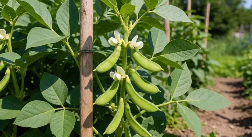 como sembrar habas, Planta de habas crecida con vainas y estacas