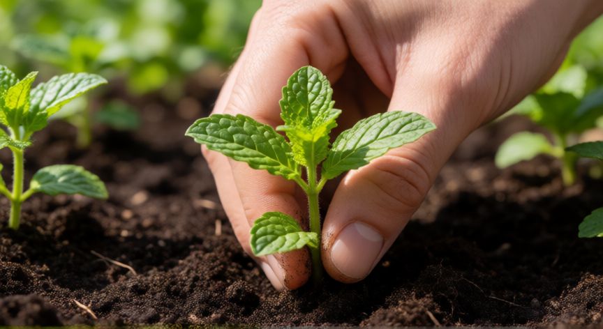 como sembrar hierbabuena, Mano plantando un esqueje de hierbabuena en la tierra