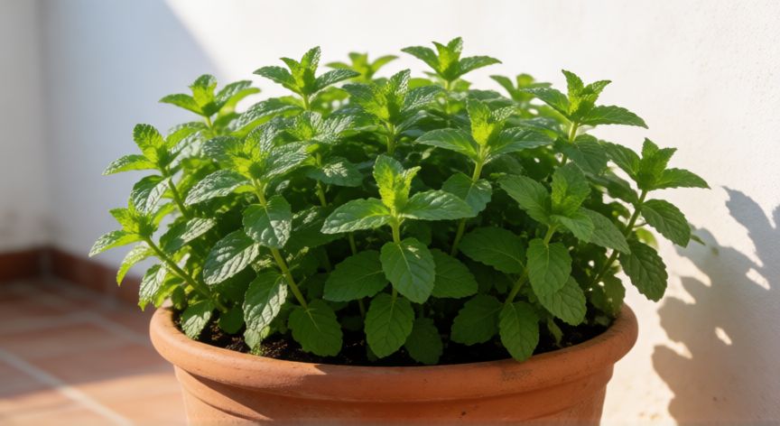 como sembrar hierbabuena, Planta de hierbabuena sana en maceta de barro al sol