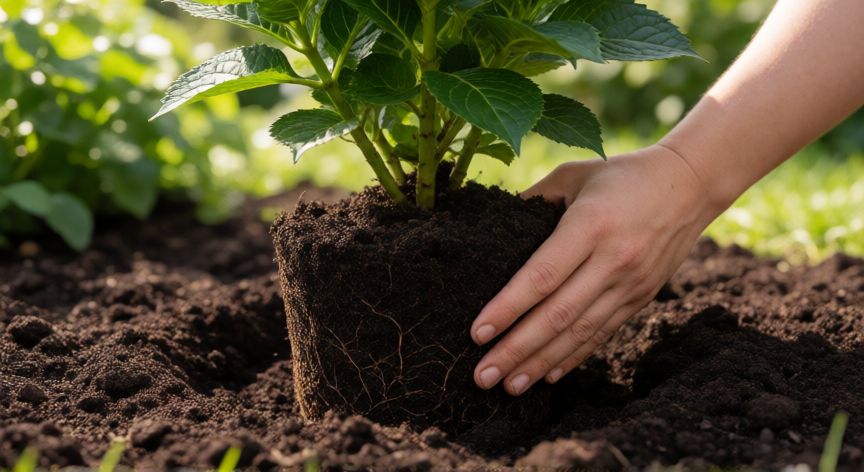 como sembrar hortensias, Manos plantando una hortensia en el suelo preparado con materia orgánica