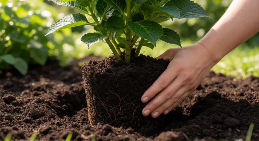 Manos plantando una hortensia en el suelo preparado con materia orgánica