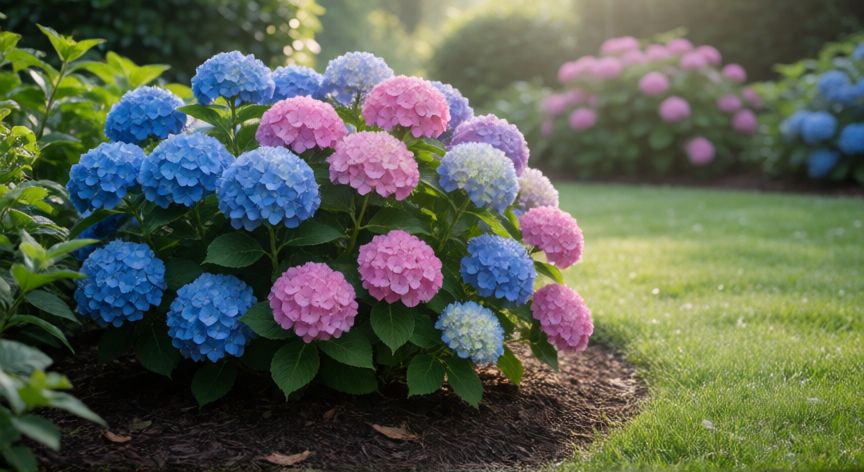 como sembrar hortensias, Hortensias de colores azul y rosa floreciendo en un jardín con mulch