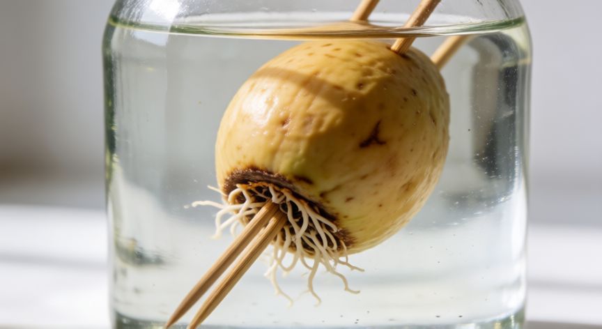 como sembrar hueso de aguacate, Hueso de aguacate germinando en un vaso con agua sostenido por palillos