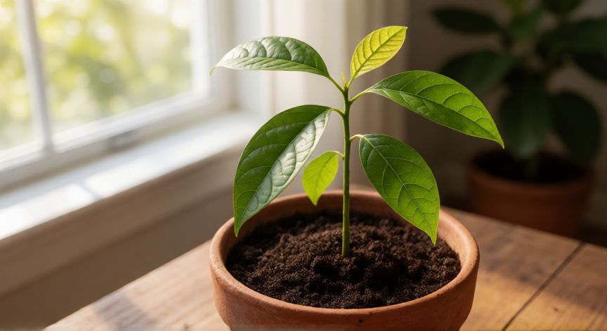 como sembrar hueso de aguacate, Joven planta de aguacate recién trasplantada en una maceta de barro