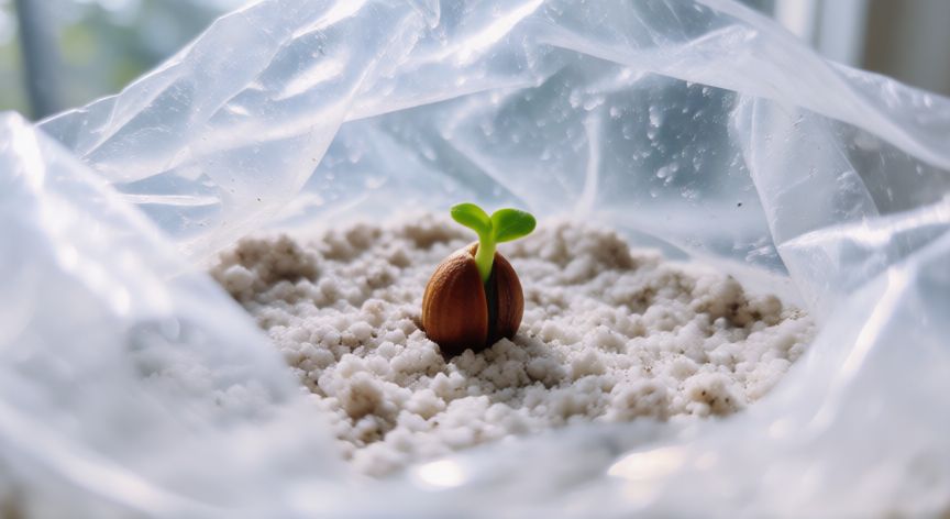 como sembrar hueso de albaricoque, Brote joven de albaricoque germinando dentro de una bolsa con sustrato húmedo