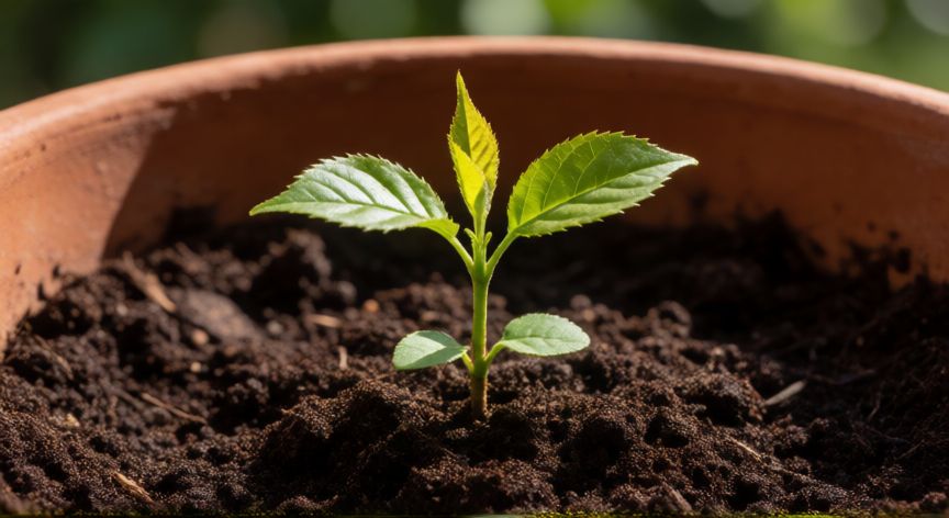 como sembrar hueso de ciruela, Plántula joven de ciruelo germinando en una maceta con tierra