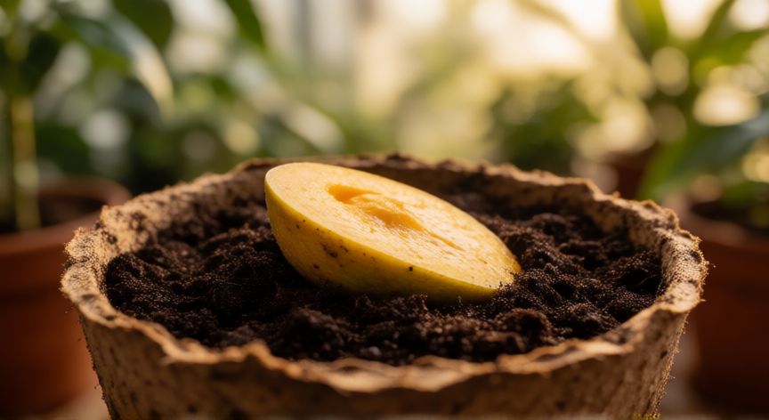 como sembrar hueso de mango, Hueso de mango sembrado en maceta con sustrato húmedo