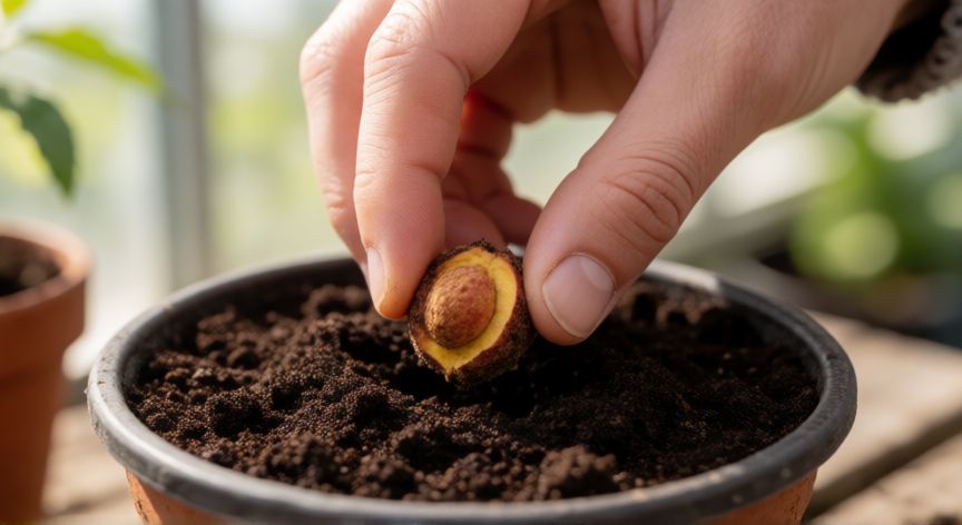 como sembrar hueso de melocoton, Manos plantando un hueso de melocotón en una maceta con sustrato húmedo