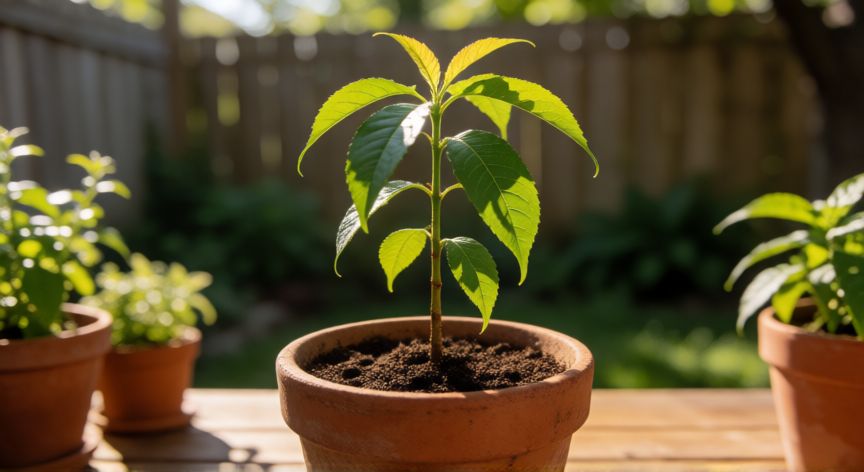 como sembrar hueso de melocoton, Joven árbol de melocotón germinado en maceta bajo la luz del sol