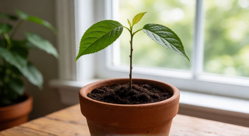 como sembrar huesos de cereza, Plántula joven de cerezo con dos hojas verdes creciendo en una maceta de terracota